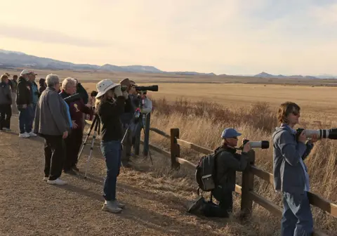 A group of people with cameras and binoculars stand along a wooden fence overlooking a large field.