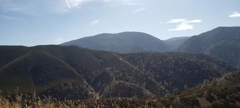 A view of forested hills under a blue sky.