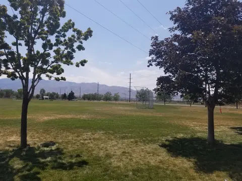 A view of a grassy park with trees and mountains in the background.
