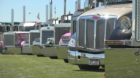 A row of parked semi-trucks on a grassy field.
