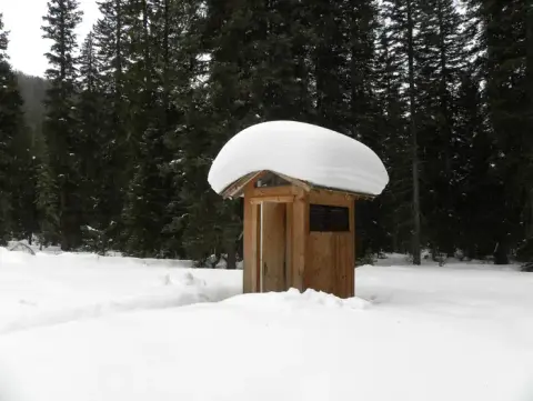 A small wooden outhouse covered in a thick cap of snow stands in a snowy forest.