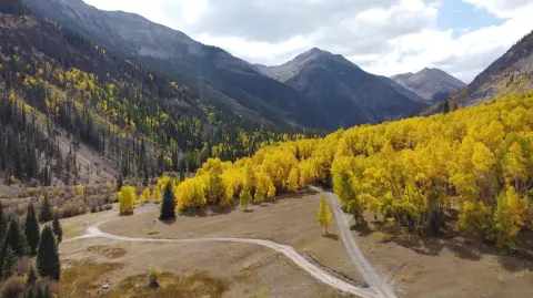 A scenic mountain valley with vibrant yellow autumn foliage.