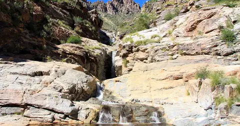 A waterfall flows through a rocky canyon.