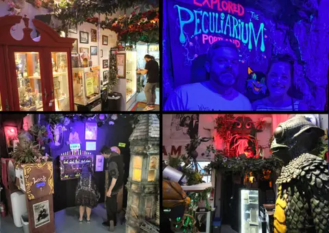 A four-panel photo collage showing the interior of an unusual novelty shop and museum.