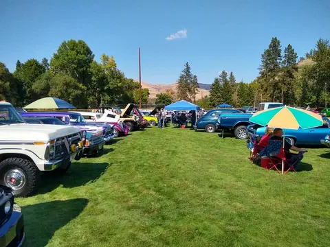 Classic cars parked on a grassy field at an outdoor gathering.