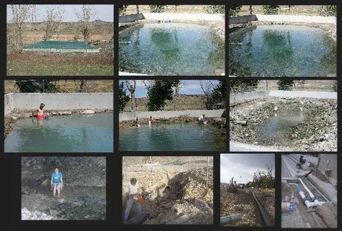 A collage of photographs showing a pool and outdoor maintenance work.