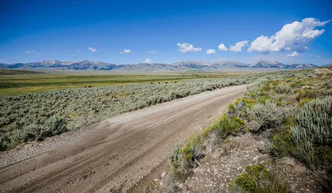 A dirt road winds through a vast, scrub-covered plain toward distant mountains under a blue sky.