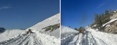 Heavy equipment clears snow from a mountain road.