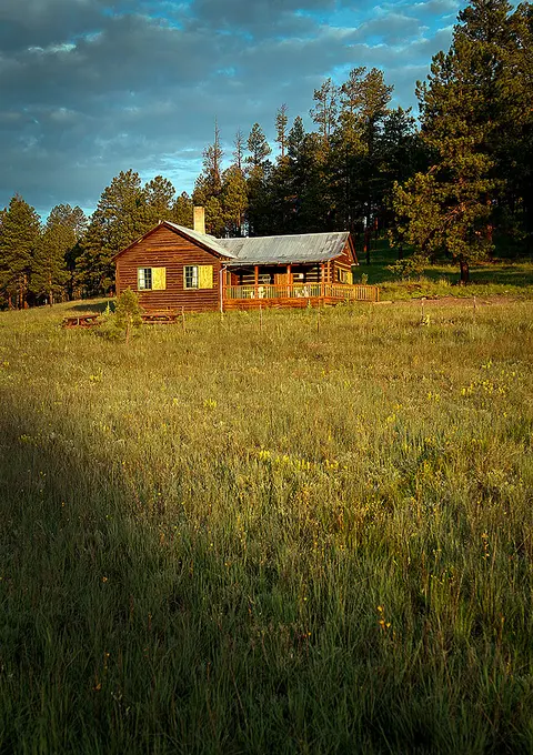 A rustic wooden cabin sits in a grassy meadow surrounded by pine trees at sunset.