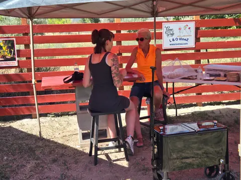 Two women sitting at a table under a canopy outdoors.