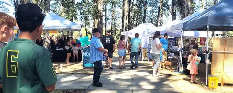 People walking among booths and tents outdoors on a sunny day.