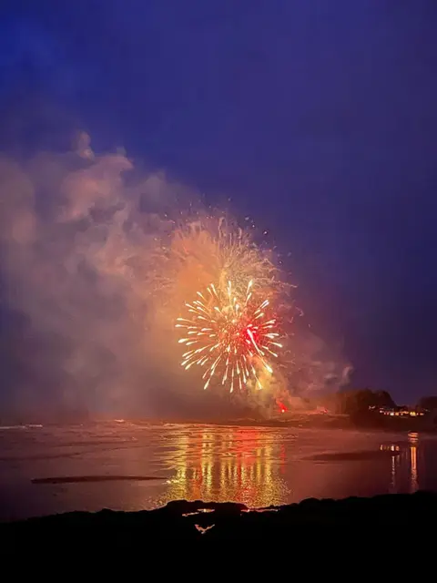 Fireworks light up the night sky over a body of water.