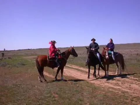 Three people on horseback riding across a landscape.