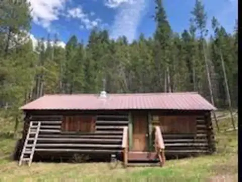 A log cabin stands in a clearing surrounded by a dense forest.