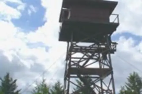 A fire lookout tower stands against a cloudy sky above trees.