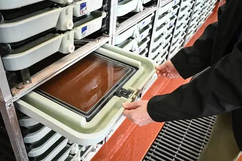 A person pulls out a tray of fish eggs in an aquaculture hatchery facility.