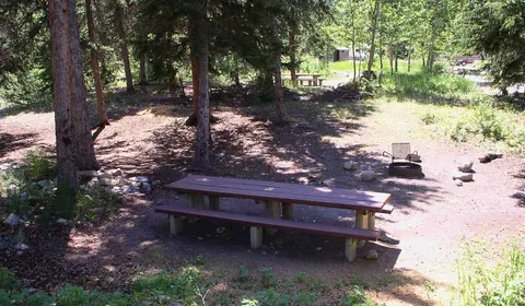A picnic table and fire ring in a wooded campground.