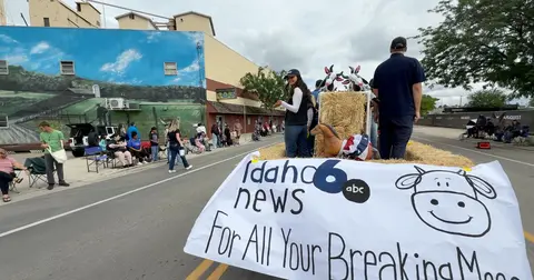 People watch a parade float with a news station banner and a cartoon cow.