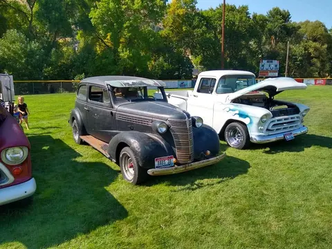Classic cars parked on a grassy field with trees in the background.