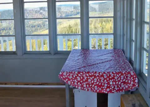 A table with a red floral tablecloth inside a lookout tower with many windows overlooking a forest.