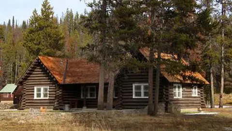 A log cabin nestled among trees with a stone wall in front.
