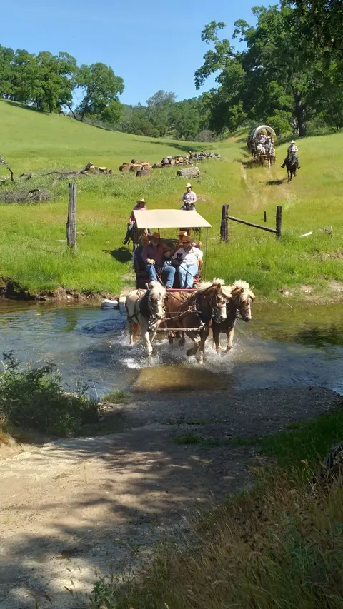 A horse-drawn carriage crosses a shallow stream in a grassy valley.