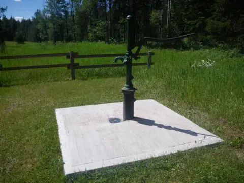 A water pump stands on a concrete pad outdoors in a grassy area.