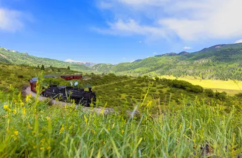 A steam train travels along tracks through a green mountain landscape.