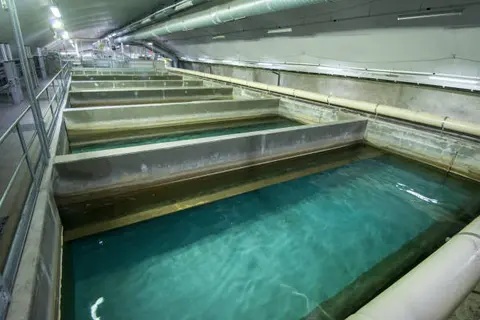 A long indoor water channel or treatment facility with multiple concrete basins.