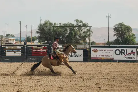 A cowboy rides a horse across a dirt arena.