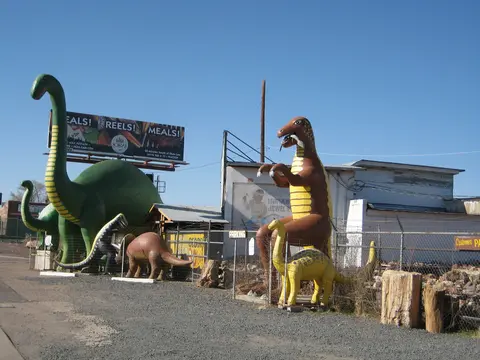 Dinosaur statues, Rainbow Rock Shop.