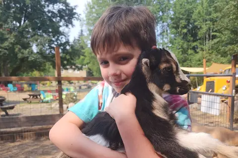 A young boy holds and hugs a small goat.