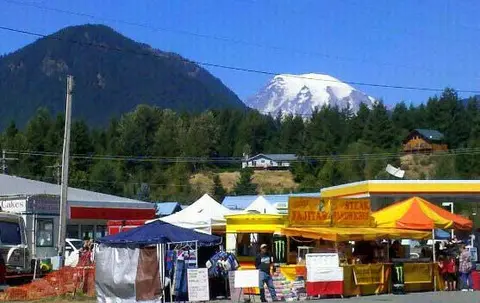 A view of outdoor market stalls with a snow-capped mountain in the background.