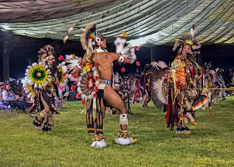 Performers in traditional indigenous regalia dance on grass under a large canopy.