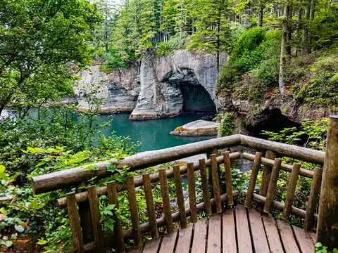A wooden viewing platform overlooks a rocky cove with caves and green trees.