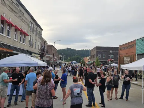 A crowd of people gathers on a street during an outdoor event.