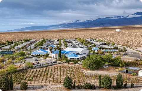 A resort and RV park with a vineyard in front, set against a desert landscape and distant mountains.