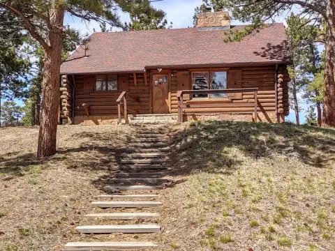 A log cabin sits atop a grassy slope with wooden steps leading up to it.