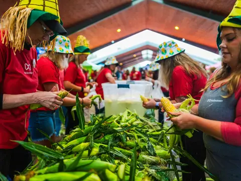 People shuck corn in an open pavilion at a festival event.