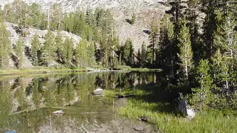 A scenic view of a calm mountain lake surrounded by trees and rocky slopes.