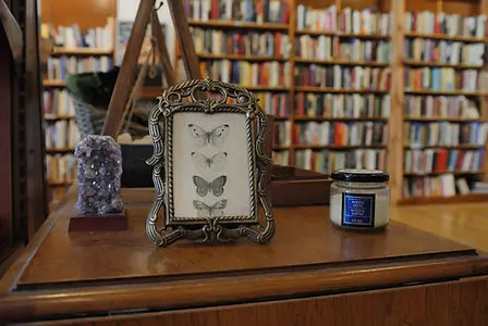 A decorative framed picture of butterflies rests on a wooden table inside a bookstore.