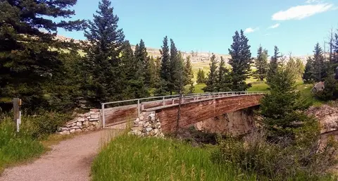 A wooden bridge crosses a rocky ravine in a forested area.