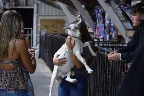 A young person holds a white goat inside a barn with other people watching.