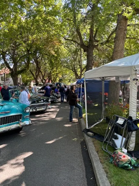 People gather at a car show lined with classic cars and trees.