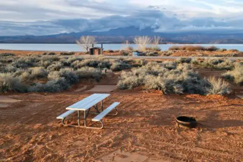 A campsite with a picnic table and fire ring near a lake under a cloudy sky.