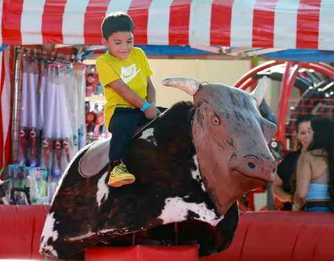 A young boy rides a mechanical bull.