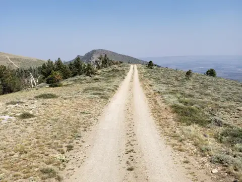 A dirt road stretches across a grassy mountain ridge under a clear blue sky.