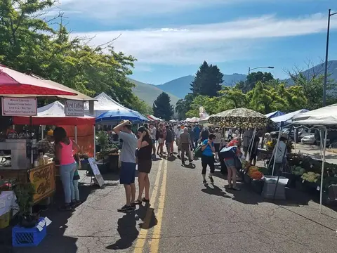 An outdoor street market with people browsing stalls under tents and umbrellas.