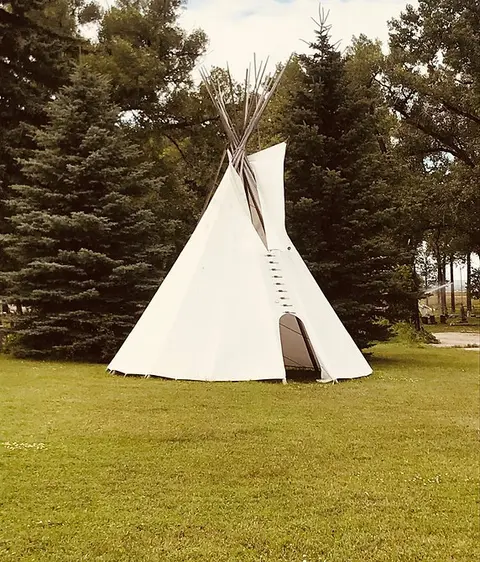 A white tipi stands in a grassy area surrounded by trees.