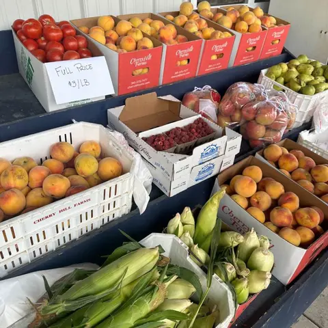 A variety of fresh fruits and vegetables are displayed in boxes and bags for sale.